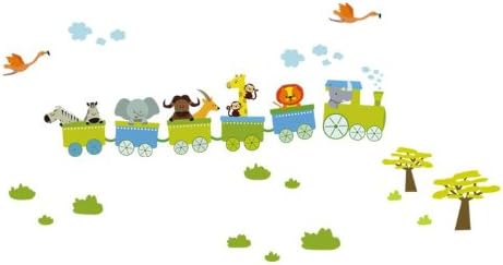 Prettywall Home Decor Mural Vinyl Wall Sticker Animal Friends Travel on the Train Kids Nursery Room Wall Art Decal Paper