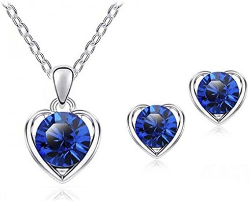 Sophie Land Love Heart Crystal Pendant Necklace and Earring Studs Set for Valentines Day Gifts for Women (Silver-blue)