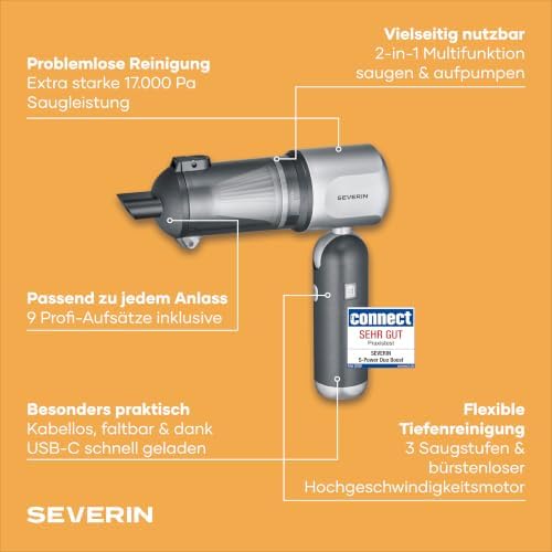3-in-1 Akku-Handstaubsauger, Luftbläser & Aufpumper, Staubgebläse, für Luftmatratzen, Auto, Haushalt, 3 Stufen, 17000Pa, Kabellos, 240000U/min, S-Power Duoboost, 120W, anthrazit, HV 7149