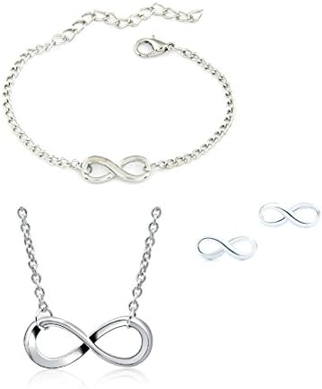 Infinity Lucky Number 8 Necklace Bracelet Stud Earrings Jewelry Set (Silver Filled)