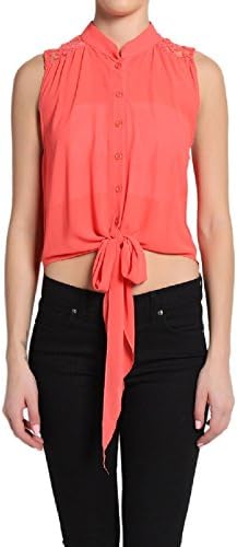 Lace Back Sheer Crepe Tie Waist Crop Tank Top Button Up Shirt Blouse