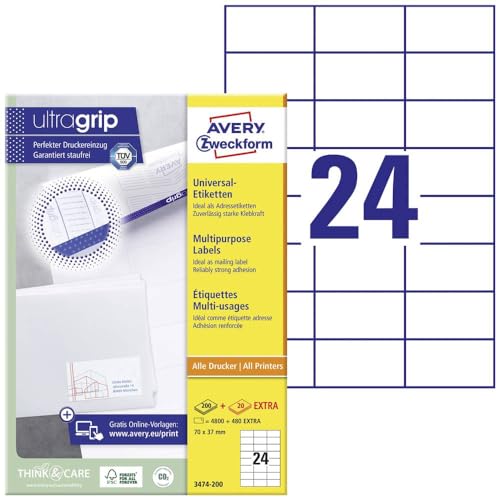 Avery 4800 Etiquettes Autocollantes Multi-usages (24 par Feuille) - 70x37mm - Impression Laser - Jet dEncre - Blanc (3474)