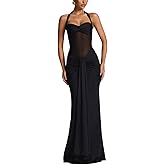 Lulezuare Women's Halter Neck Sheer Mesh Backless Formal Dress Ruched Bodycon Sweetheart Long Cocktail Dresses
