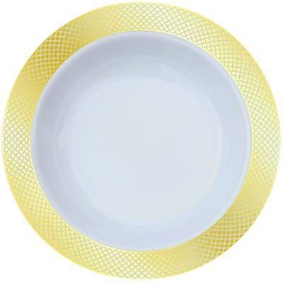 Royalty Settings Crystal Collection Fancy Heavy Duty Plastic Plates for Weddings, Premium Hard Plastic Plates for Parties, White with Gold Rim, Set of 40, 12 ounce Disposable Plastic Bowl