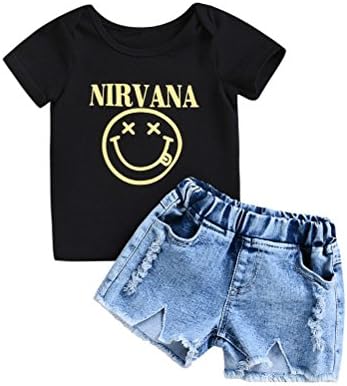 Seaby Toddler Fashion Nirvana Smiley Black T-Shirt + Denim Shorts Jeans Pants 2PCS Outfit (110(3-4Years), Black)