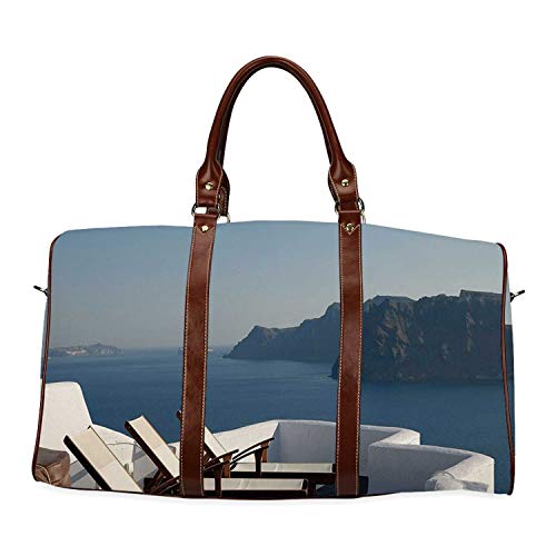Travel Decor Waterproof Travel Bag,Sunlounger at Terrace in Santorini Greece Resort Relaxation Aegean for Travel,18.62"L x 8.5"W x 9.65"H