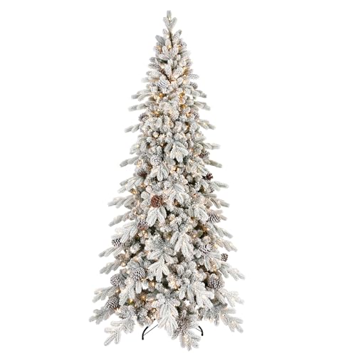 8 FT Pre-Lit Snow Flocked Slim Fir Christmas Tree with 1634 PE & PVC Mixed Branch Tips,Artificial Skinny Pencil Xmas Tree with 1000 Warm-White Lights & 44 Pine Cones,Hinged Pine Tree with Metal Stand