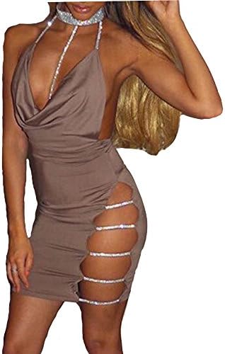 TANICY Women's Sexy Deep V Neck Bacekless Halter Slit Lace up Mini Club Dress (Dark Khaki, XL)