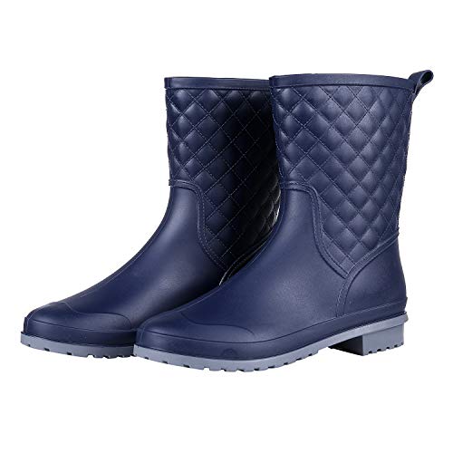 Litfun Womens Mid Calf Rain Boots Outdoor Garden Work Waterproof Boots Wide Calf Rain Shoes Navy