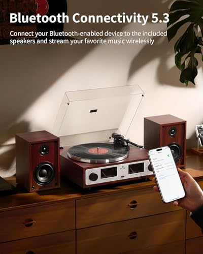 Angels Horn Vintage Bluetooth Hi-Fi Turntable with Speakers | Features phono preamp, AT-3600L magnetic pickup, belt drive 33/45 rpm, pitch control and adjustable counterweight