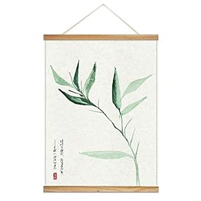 Hanging Poster with Wood Frames - Chinese Ink Painting of Bamboo Leaves - Ready to Hang Decorative Wall Art - 18"x24"