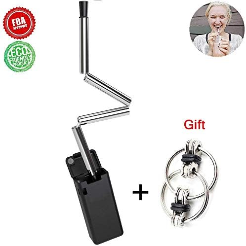 Collapsible Straws,Reusable Stainless Steel Folding Drinking Straw,Foldable Straws Keychain with Cleaning Brush Perfect for Travel Outdoor Household with Keychain Gifts (Black-02)