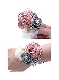 Flonding Rose Wedding Wrist Corsage and Boutonniere Set Party Prom Hand Ribbon Flower Suit Decor (Champagne Pink)