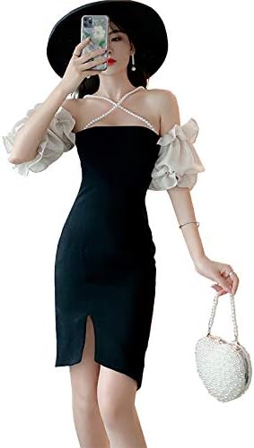 Amazon Co Jp キュート パフスリーブ バイカラー オフショルダー スリット ショート デート 結婚式 パーティー ドレス ワンピースzy0042 L 服 ファッション小物