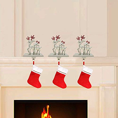 Fowecelt 3D Reindeer Christmas Stocking Hanger Silver Metal Mantle Stocking Holders for Christmas Decorations