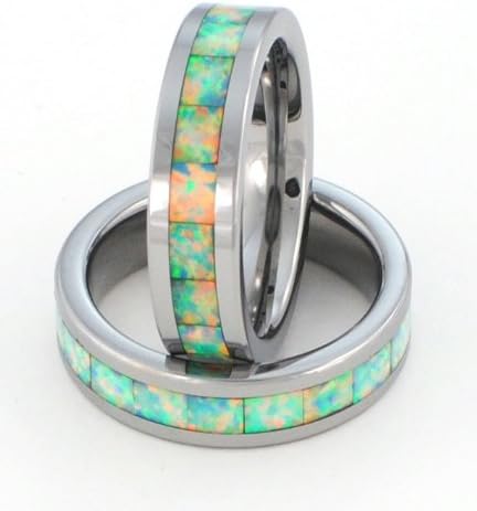 6mm Synthetic Opal Tungsten Carbide Ring "Traditional White Opa"l Flashes with Entire Rainbow of Colors