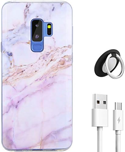 for Samsung Galaxy S9 Plus Case, REEJAX Soft Silicone TPU Case Come with Type C Charging Cable and Rotatable Kickstand Nice Pink Marble for Girls Women Slim Fit Protective Cover for Galaxy S9 Plus