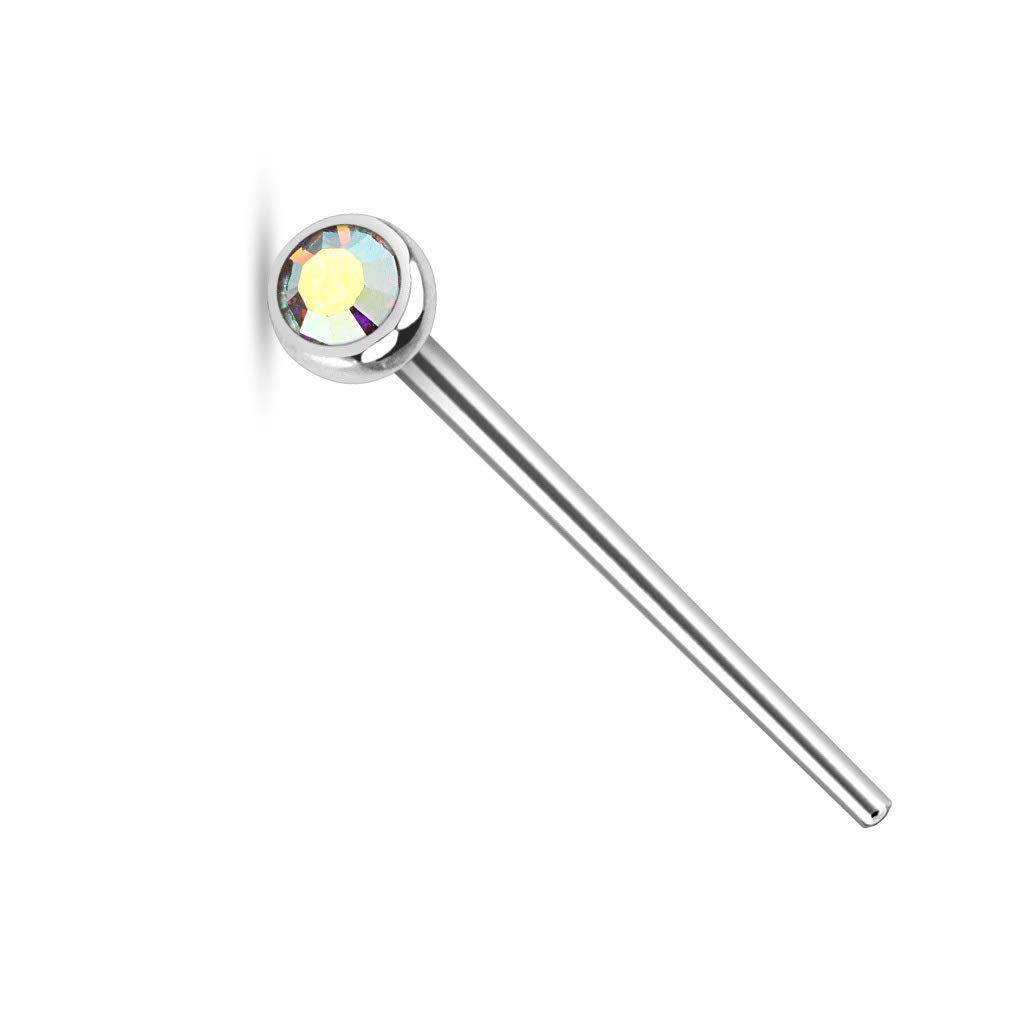 PiercedOff 316L Surgical Steel 0.8mm Fishtail Nose Stud with a 2.5mm Aurora Borealis CZ Gem - Length 19mm