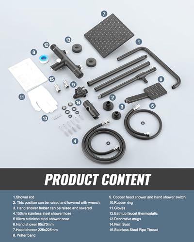 ARCORA Thermostatic Shower Column with 2 Modes Hand Shower and Large 360° Swivel Ceiling Shower Head, Telescopic Bar Adjustable in Height, G1/2 Connection, Black
