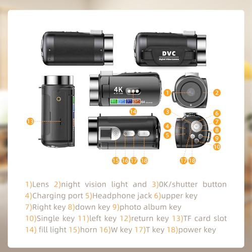Flylin 4K HD Video Camera, 28X Digital Zoom Camcorder Vlogging Camera with Night Vision, WiFi 3” IPS Touchscreen Video Recorder for YouTube, Record Memories, Moments (Black)