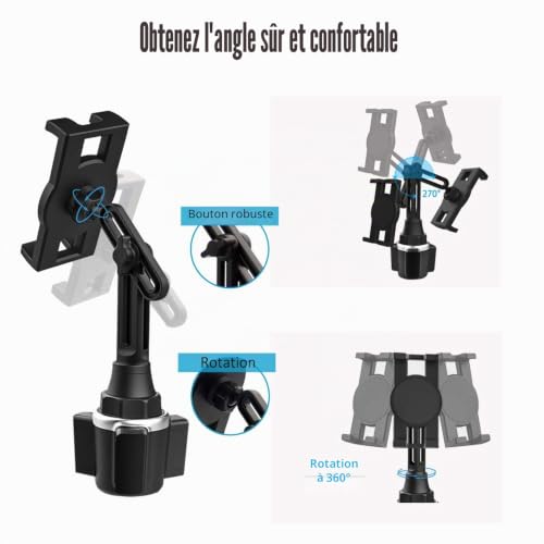 Support Tablette Voiture Gobelet, woleyi Universel Porte Gobelet Tablette avec Bras Télescopique, Support Téléphone Voiture Tasse, Pour iPad Pro 12.9 10.5 9.7 Air Mini 5 4 3 2, iPhone Series 4-13"