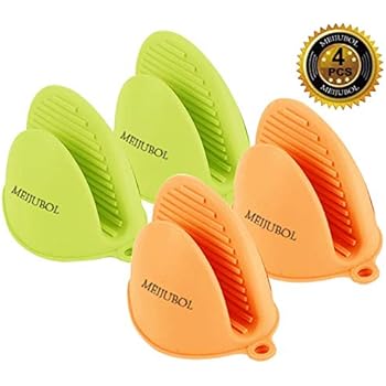 MEIJUBOL Silicone Thicken Oven Mitt Potholder Grip Heat Resistant Pinch Finger Protector Set of 2 Pairs (Green and Orange) for Kitchen Cooking Baking Protect Finger from Hot Plate Pot Dish and Bowl