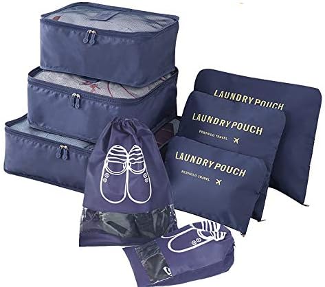 8 pcs Travel Packing Cubes - Luggage Organizers Waterproof Travel Storage Bags Clothes with Shoe Bag (Navy)