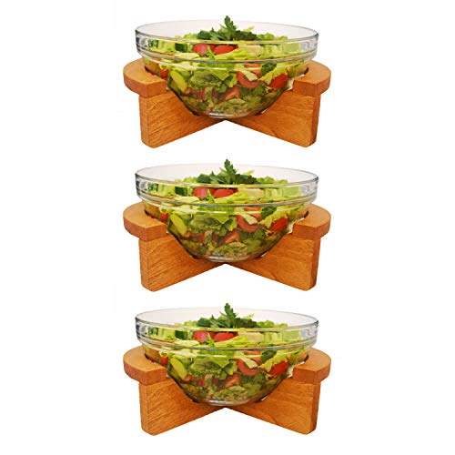Tapas, Salad Serving Bowl Set of 3 | Decorative Glass Dish,Wooden Display Stand | Appetizer, Snack, Chips, Fruit, Cookie, Nuts | For Party - Thumbnail 5