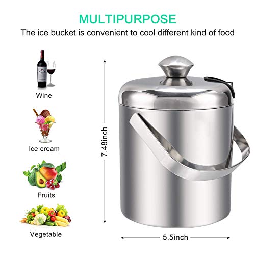 Ice Bucket, Xuliyme Stainless Steel Double Wall with Lid and Ice Tongs, Insulated Ice Bucket Stainless Steel Ice Bucket, 1.2 L - Thumbnail 2
