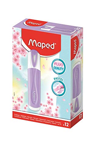 Maped - Box of 12 Fluorescent Peps Pastel Highlighters - Bevelled Tip - Long Lasting Highlighters for School and Professional Use - Pastel Purple
