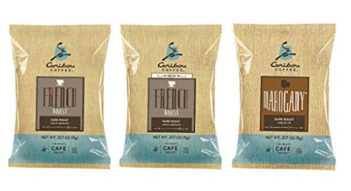 Caribou Coffee French Roast Regular, Decaf and Mahogany One-Cup Coffee Filter Packs with Disposable Brew Basket, for use in Cafe Valet Single-Serve Brewers, 36Count, Tasters Assortment