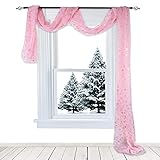 HUTO Snowflake Window Curtain Scarf Panels 216 Inches Long for Girls Room - Golden Snow Foil Print Pink Sheer Curtain Drapes for Nursery 52 Inches Width by 216 Inches Length