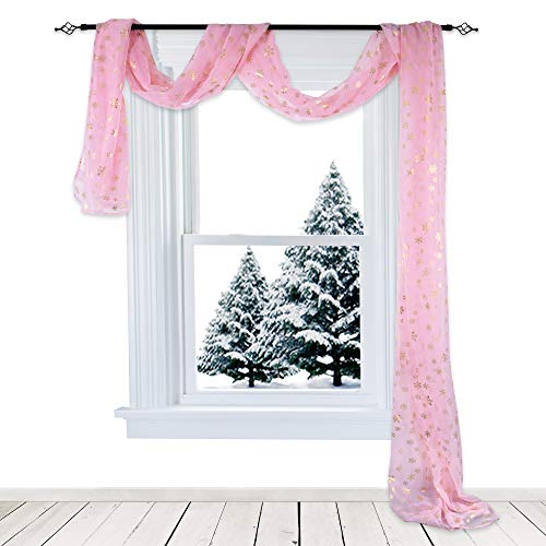 HUTO Snowflake Window Curtain Scarf Panels 216 Inches Long for Girls Room - Golden Snow Foil Print Pink Sheer Curtain Drapes for Nursery 52 Inches Width by 216 Inches Length