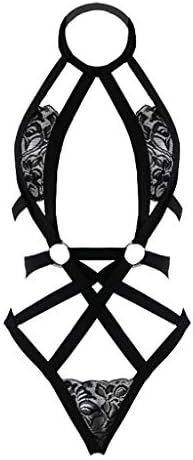 JAGENIE Sexy Nightwear Womens Temptation Teddy Lingerie Bodysuit Floral Lace Patchwork Strappy Bandage Nightwear Hollow Out Backless Open Butt Babydoll Jumpsuit