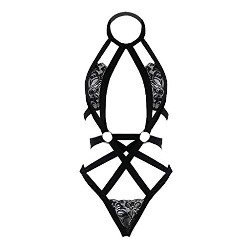 JAGENIE Sexy Nightwear Womens Temptation Teddy Lingerie Bodysuit Floral Lace Patchwork Strappy Bandage Nightwear Hollow Out Backless Open Butt Babydoll Jumpsuit