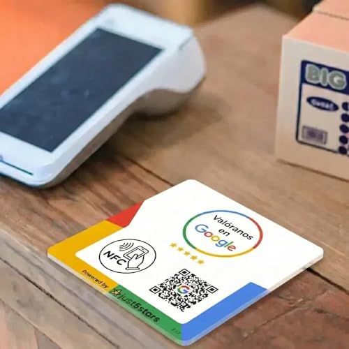 just5stars - Google Reviews Poster - NFC and QR - No Subscriptions - 12cm x 12cm - Includes sticker and stand.