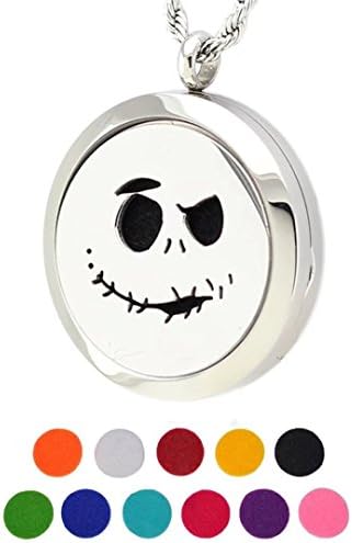 DIB Stainless Steel Aromatherapy Essential Oil Diffuser Halloween Skull 30mm Pendant Necklace, 11 Refill Pads