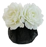Silk Rose Flower Barrette Hair Clip with Snood Net Hair Bun (White)