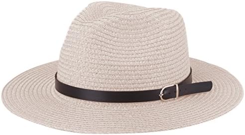 Andeker Panama Style Straw Fedora Hat Unisex Foldable Wide Brim Sun Hat with PU Leather Band (Beige)