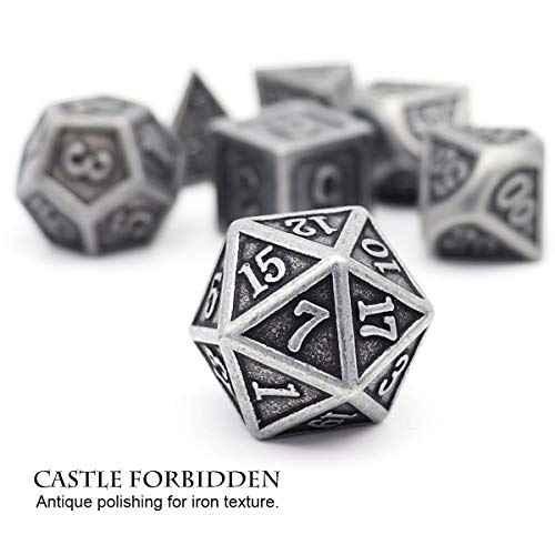 Haxtec Antique Iron Metal DND Dice Set Silver D&D Polyhedral Dice W/PU