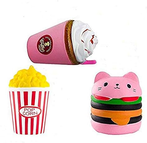 CETIM 3 Pack Jumbo Slowing Rising Kawaii Squishies, Cat Hamburger, Popcorn and Coffee Cup Set, Sweet Scented Squishy for Kids Party, Stress Relief Toy