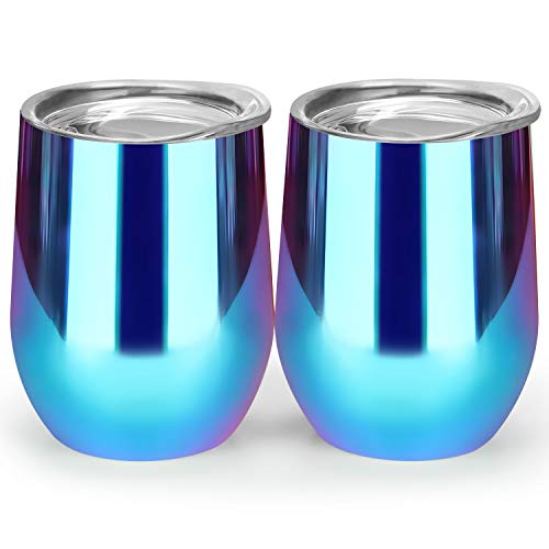MASCOTKING Wine Glasses Tumbler - 12 oz 2 Pack - Double Wall Vacuum Insulated Cup with Lids for Keeping Wine, Coffee, Drinks - Beverage Warm in Winter (2PACK 12oz, Colorful)