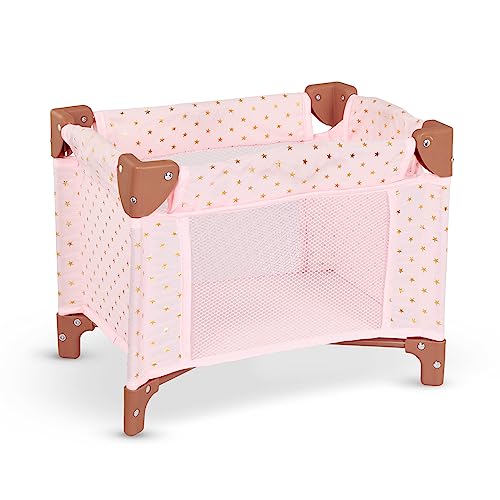 LullaBaby – Folding Playpen – Pink Crib – Star – Print Design – 14-Inch Baby Doll Nursery Accessory – Pretend Play – Kids Ages 2 & Up - Playpen