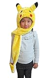 Tonwhar Cartoon Animal Hood Hoodie Hat with Attached Scarf and Mittens (Pikachu)