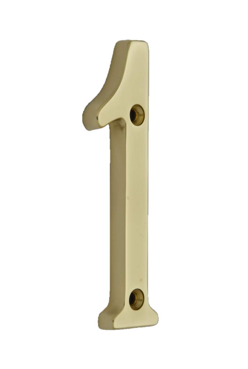 QCAA Traditional Heavy Solid Brass House Number 1, 4", Polished Brass Lacquered, 1 Pack, Made in Taiwan