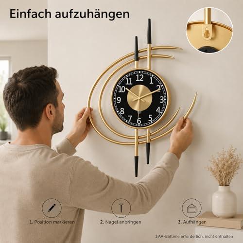 LANMOU Wall Clock Large Modern 54 cm Wall Clock Living Room Clock Wall without Ticking Noises Wall Clocks Gold Black Silent Design Metal Living Room Clock Decorative