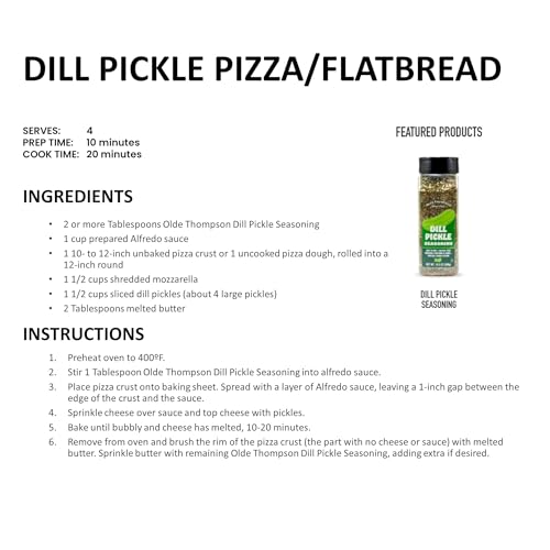 OLDE THOMPSON DILL PICKLE SEASONING, IDEAL FOR COOKING AND POPCORN, INCLUDES DILL PICKLE DIP RECIPE, 10.5 OUNCE