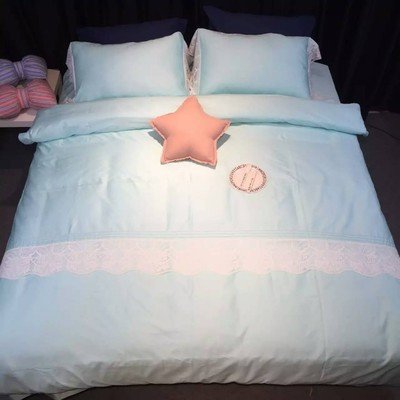 HlA bedding Cotton Satin 60 Kung Support Plush Cotton 4 Piece Princess Lace Embroidery Bedding Wedding , Light Blue Lace Romantic ,1.8M (6 Ft) Bed