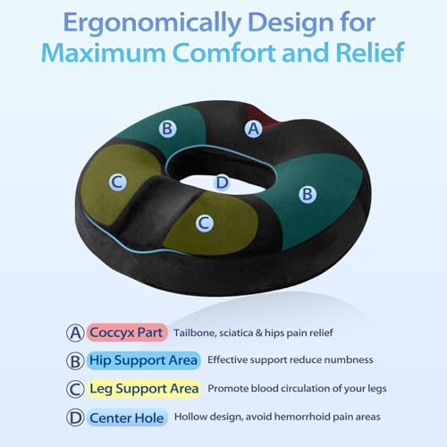 HOMCA Cushion for Coccyx Foam Hemorrhoids Cushion, Office Chair Cushion, Anti-decute Cushion for Office Seats, Wheelchair, Non-Slip Bottom, Washable Cover, Black