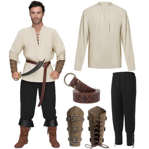 Spooktacular Creations Halloween Mens Renaissance Costume, Medieval Costume Men Set, Pirate Shirt Viking Ankle Banded Pants